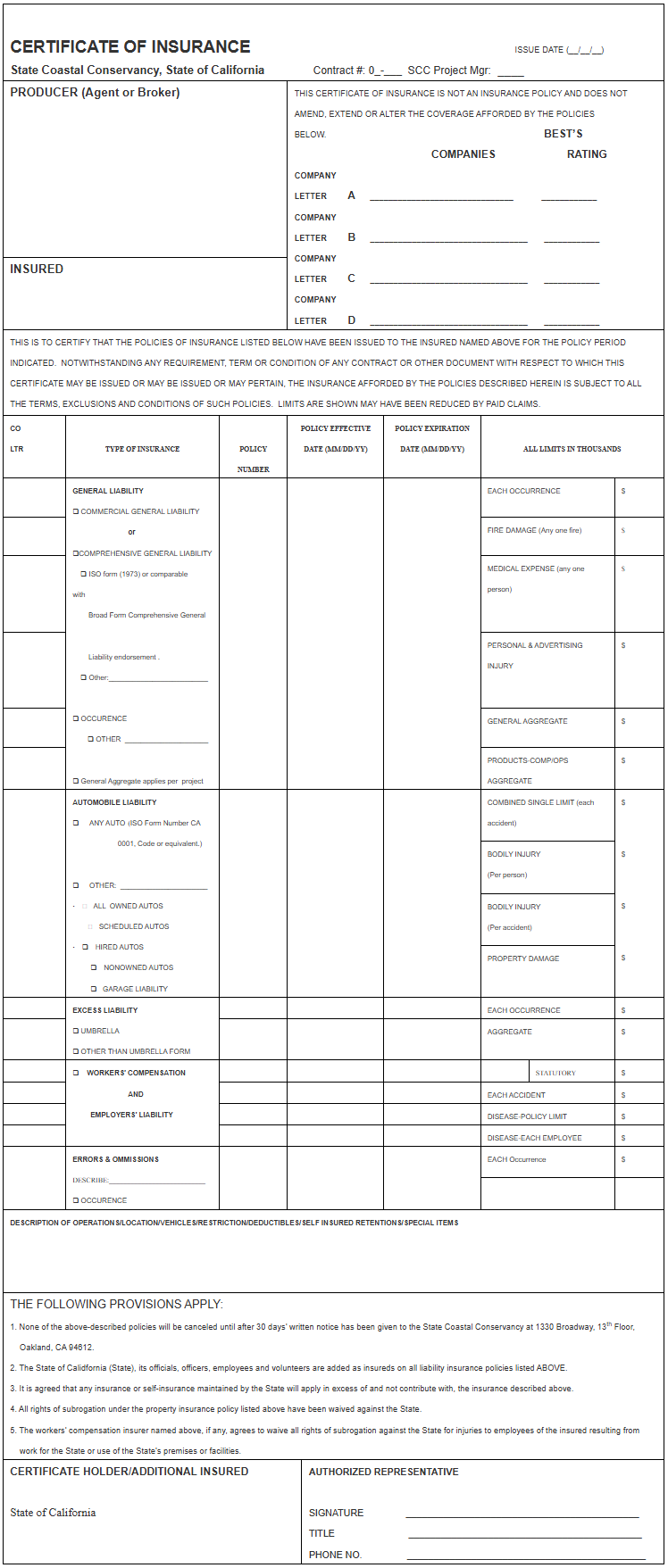 Certificate of Insurance form screenshot