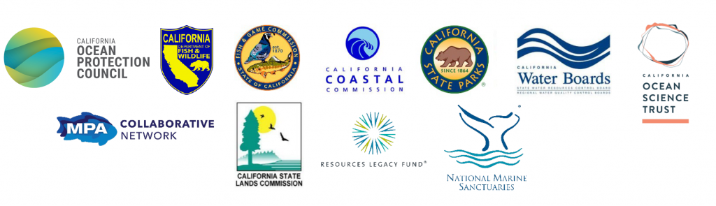 California Ocean Protection Council
California Department of Fish & Wildlife
Fish and Game Commission — State of California
California Coastal Commission
California State Parks — Since 1864
California Water Boards — State Water Resources Control Board / Regional Water Quality Control Boards
California Ocean Science Trust
MPA Collaborative Network
California State Lands Commission
Resources Legacy Fund
National Marine Sanctuaries